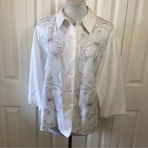 Dina K Ramie/Viscose White Floral Embroidered Button Down Blouse Top sz L